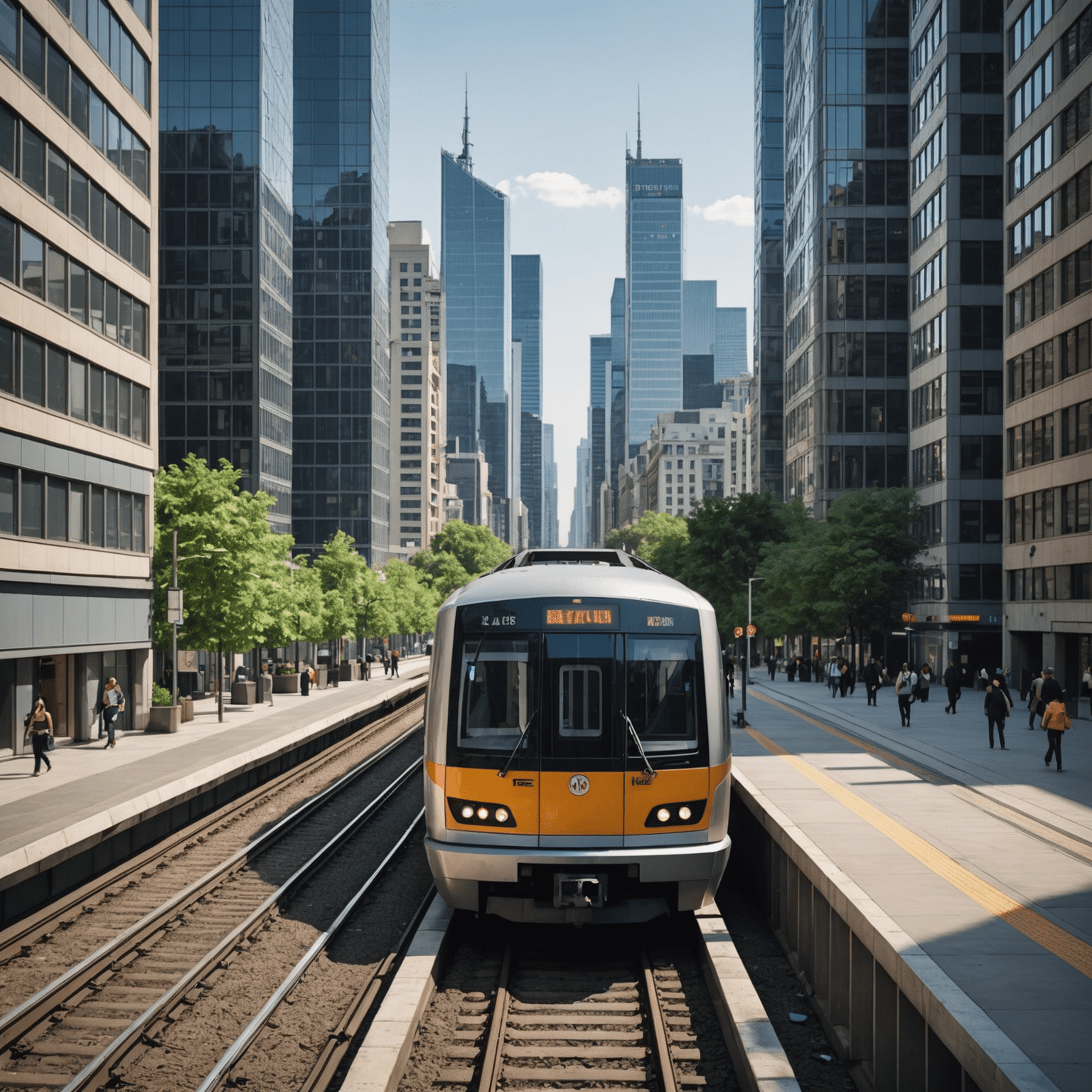 Modern metro train traveling through a city, with skyscrapers and urban landscape visible in the background