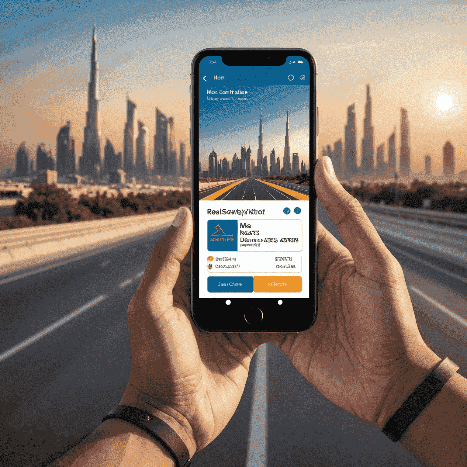 Illustration of a hand holding a smartphone, recharging a road service card online with the UAE skyline in the background