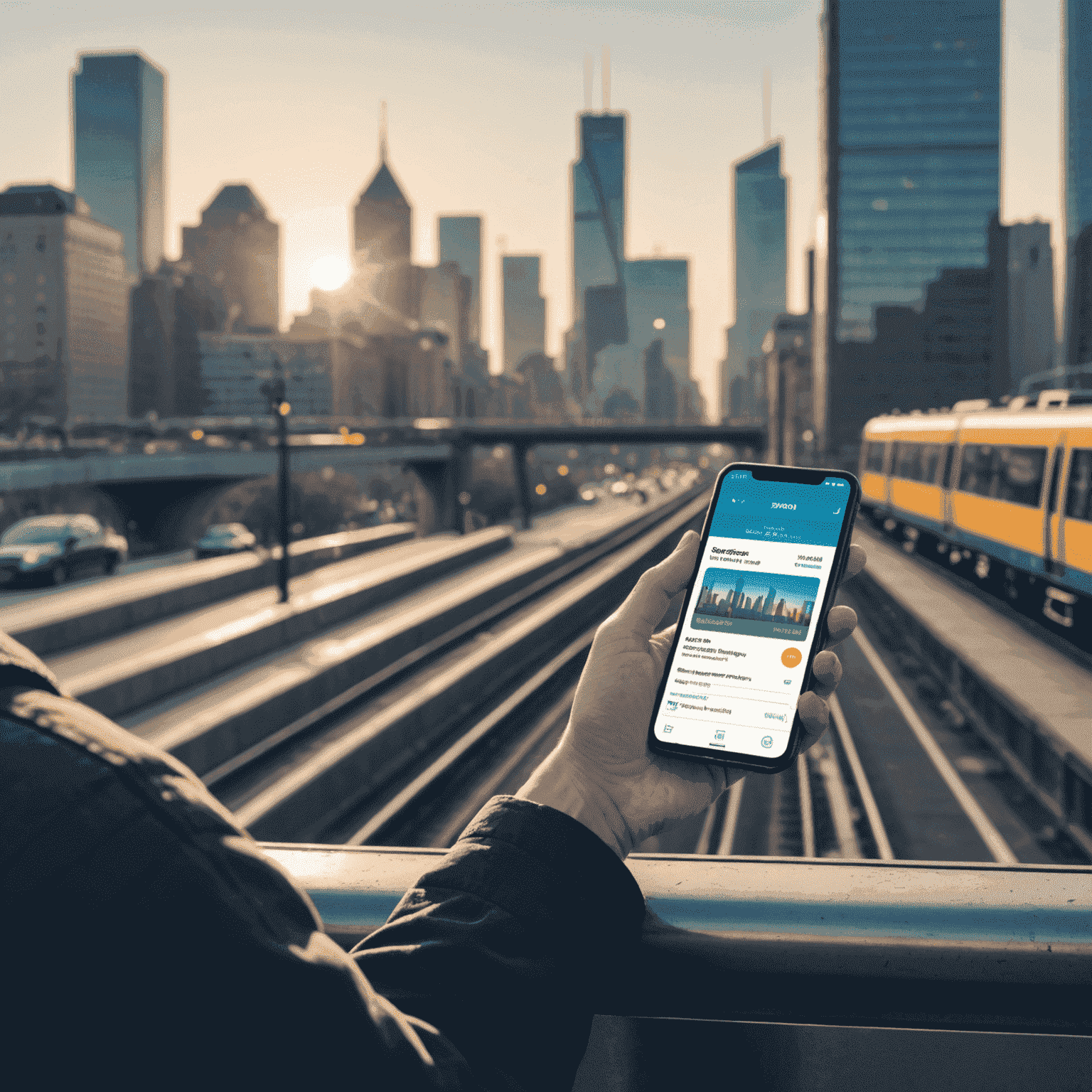 Illustration of a person using a smartphone to recharge their transport card with a city skyline and metro in the background