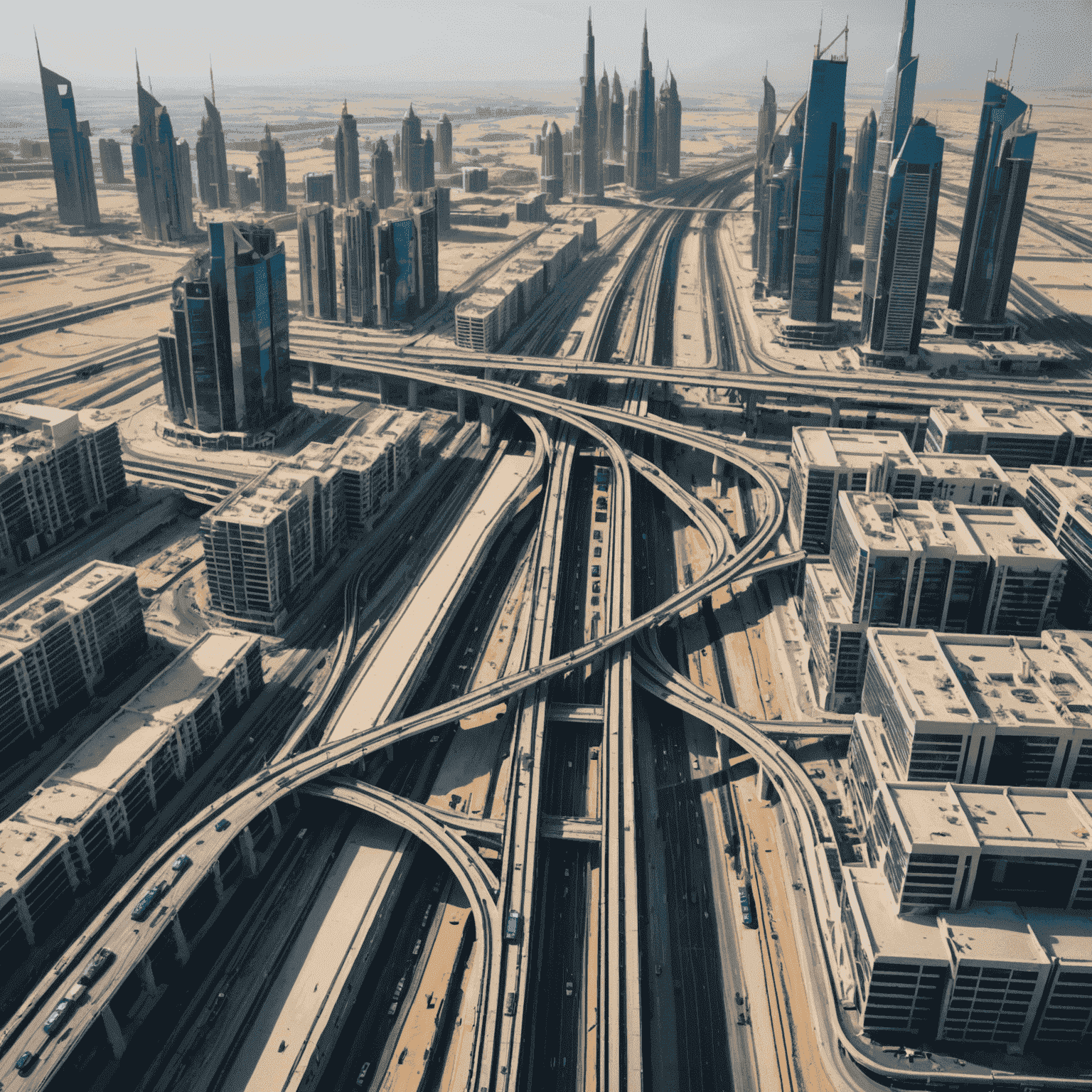 Aerial view of Dubai Metro network with new lines and stations under construction to expand connectivity across the city