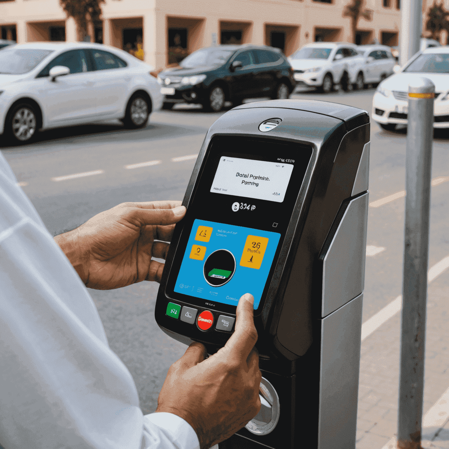 Close-up of a person using mobile app to pay for parking at a digital parking meter in UAE