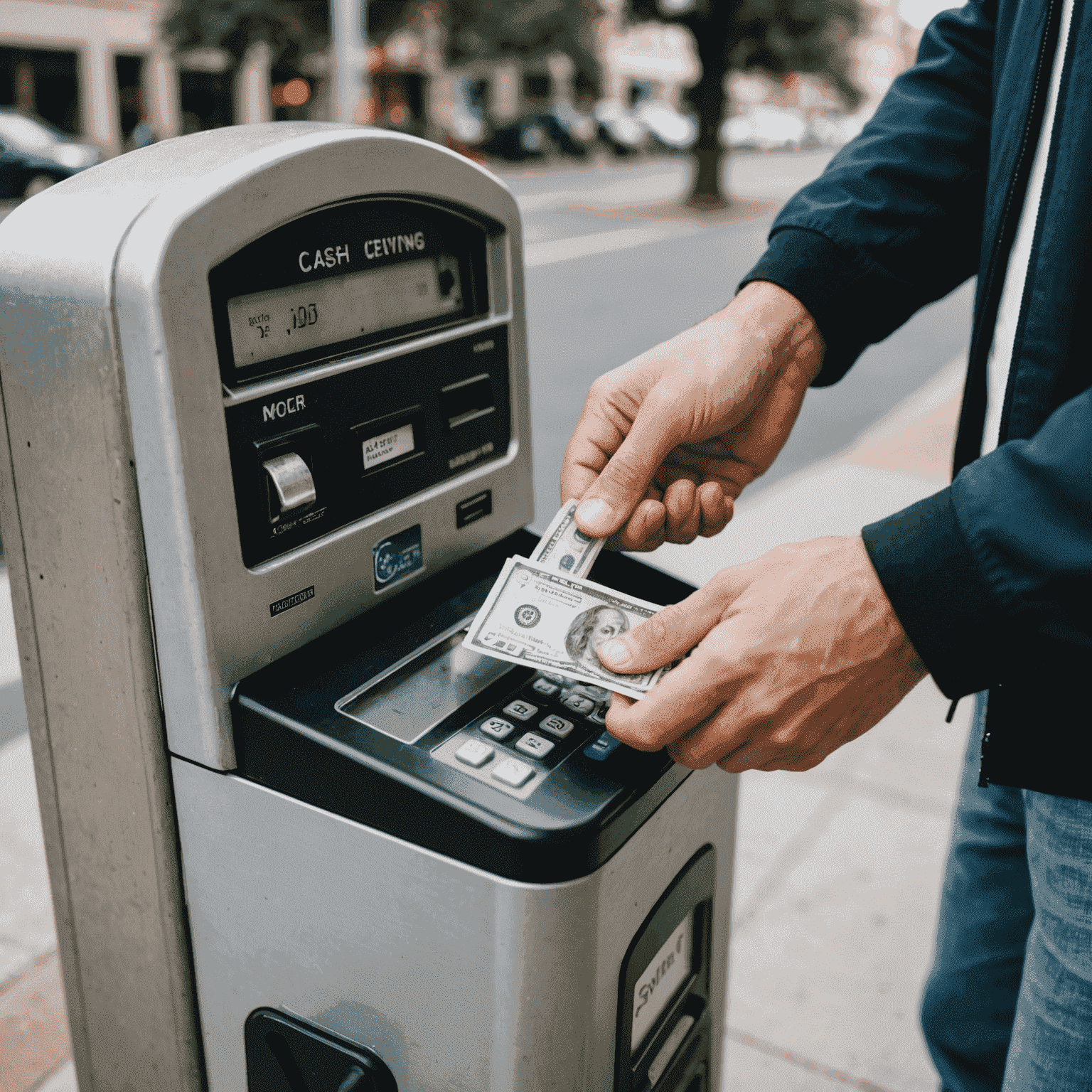 Closeup of a person inserting cash into a parking meter