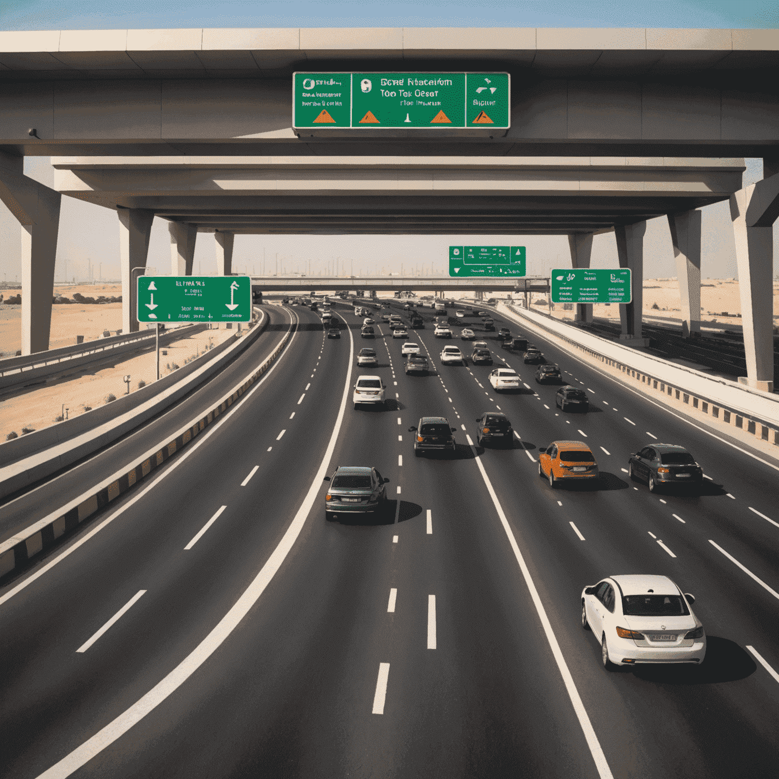 Traffic flowing smoothly through an electronic road toll collection point on a major UAE highway